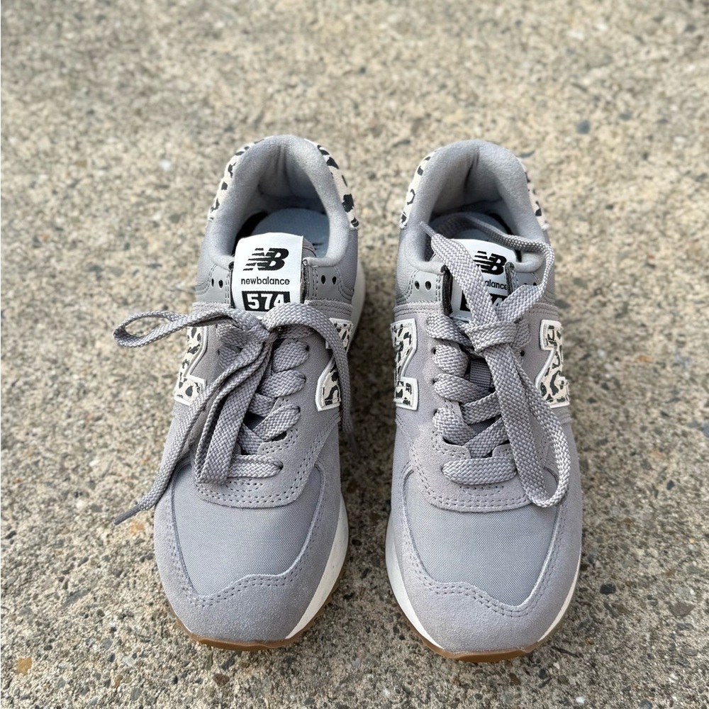 New Balance 574+ Platform Sneakers Gray Leopard Detail Women’s Size 6.5 like new - Picture 3 of 12